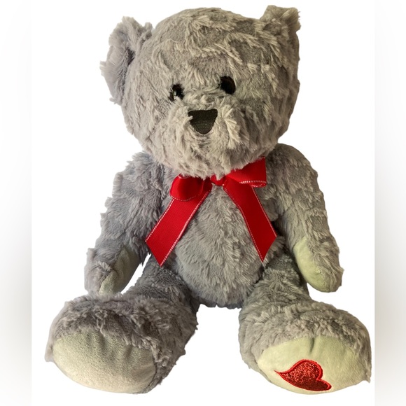 Walgreens Gray Teddy Bear Red Bow & Heart on Foot 13" Stuffed Animal Plush HTF. - Picture 1 of 11